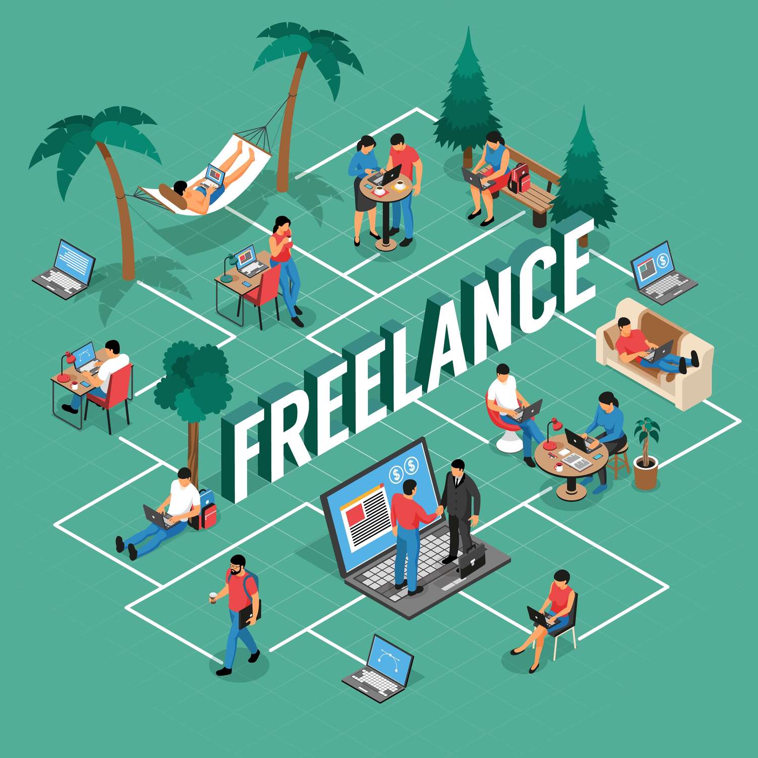 Image sur fond vert représentant le monde du freelancing. Une personne freelance gère beaucoup de projets et de tâches.