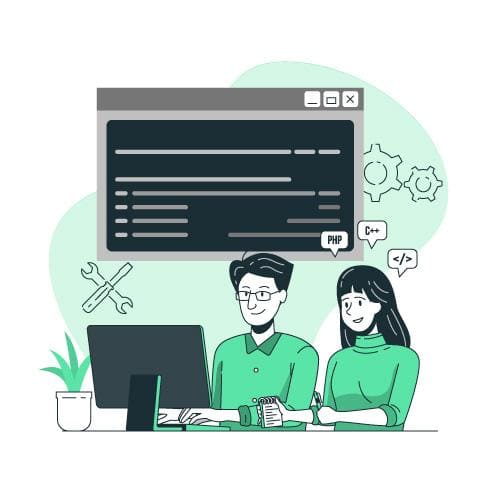 Illustration de deux webdevelopers qui construisent et développent le site web d'un client