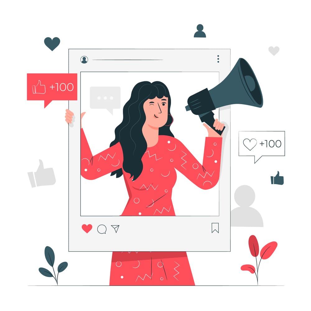 Illustration d'une community manager qui gère les interactions sur les réseaux sociaux entre ses clients et sa communauté. Elle crée des posts, des stories et aide l'entreprise à se développer à travers ses réseaux.