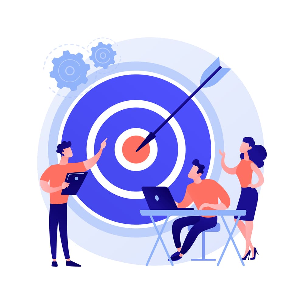Illustration d'une cible bleue. Un groupe de 3 personnes travaillent et étudient les besoins de la cible en question pour répondre à ses attentes et proposer des contenus rédactionnels de qualité