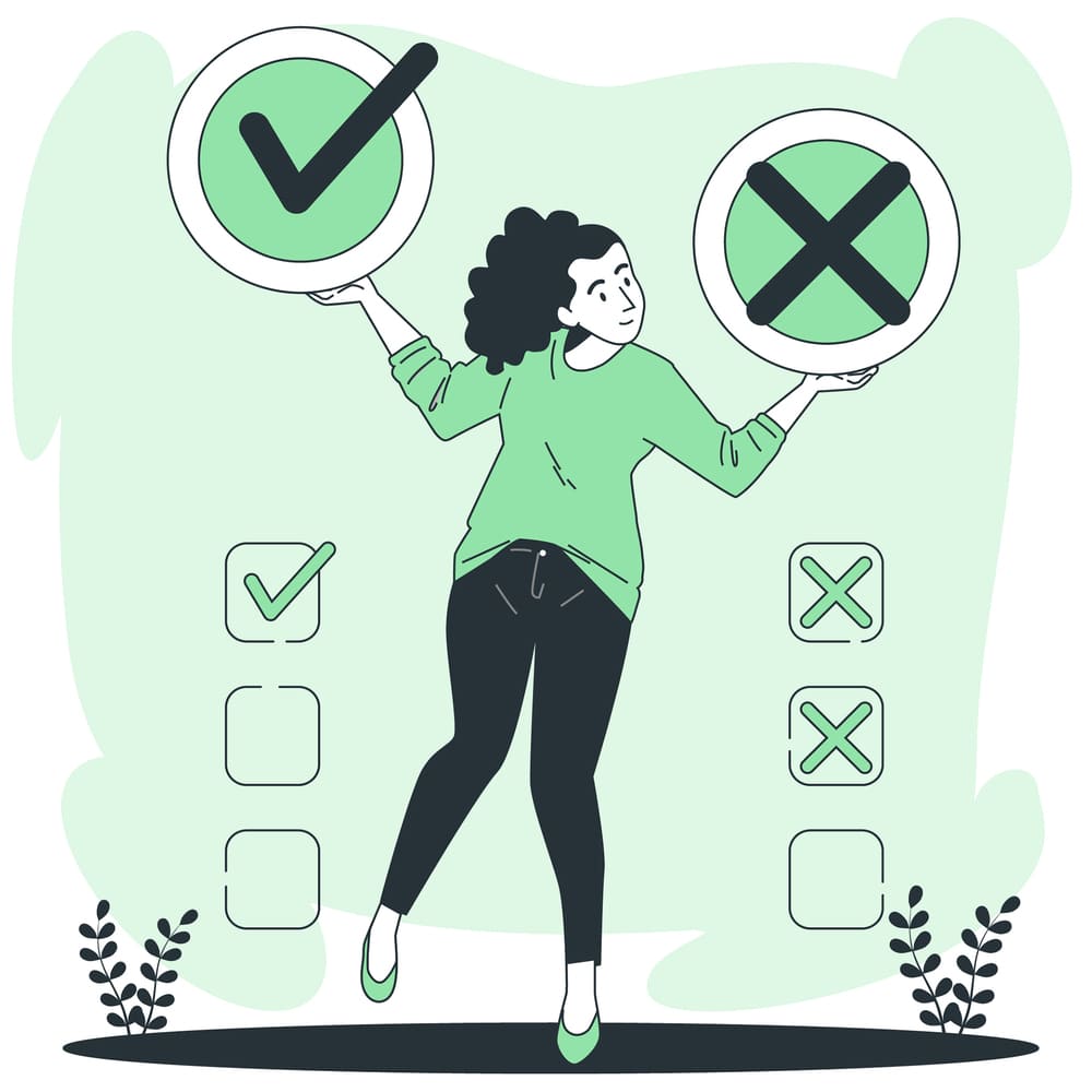 Illustration d'une femme qui hésite entre des points négatifs et des points positifs. Elle représente la sélection des règles du SEO à appliquer pour avoir un bon référencement de site internet à Orléans.