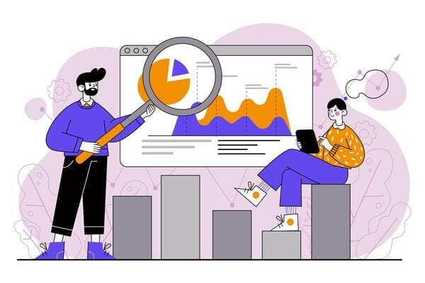 Sur cette illustration, un homme fait des focus sur des chiffres et des statistiques relevés sur un site internet suite à un audit SEO. Une femme, assise sur des données, prend des notes et a des idées pour créer un stratégie de contenus efficace.