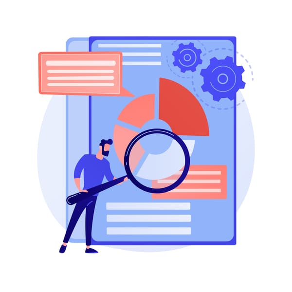 Illustration d'un homme qui porte une grosse loupe dans ses mains pour analyser un texte et des chiffres ainsi que des paramètres. Il réalise l'audit technique SEO d'un site web.